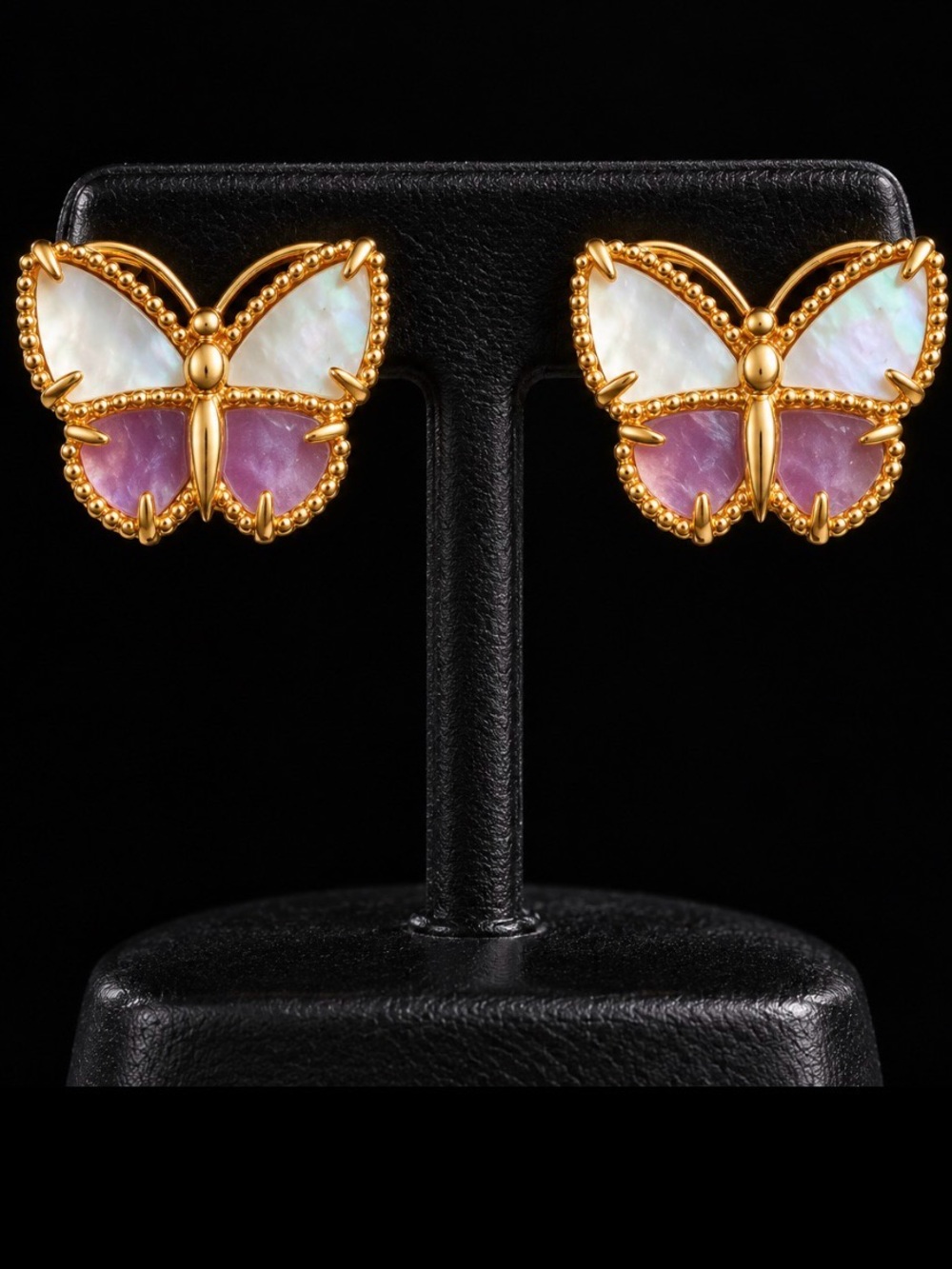 Gold Butterfly Mother-of-Pearl & light purple Stone Stud Earrings